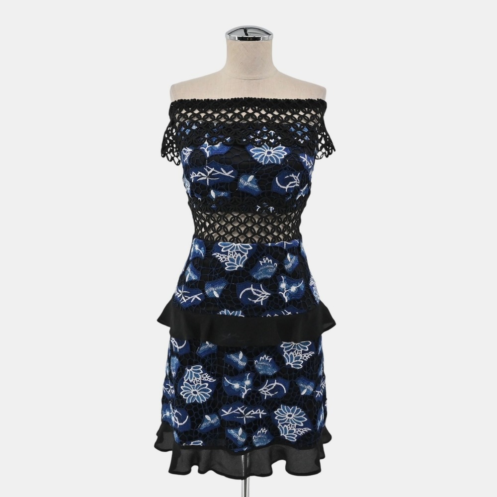 TOPSHOP Floral Lace Mini Dress Sz 10 Blue Off The Shoulder Tiered Ruffle Crochet